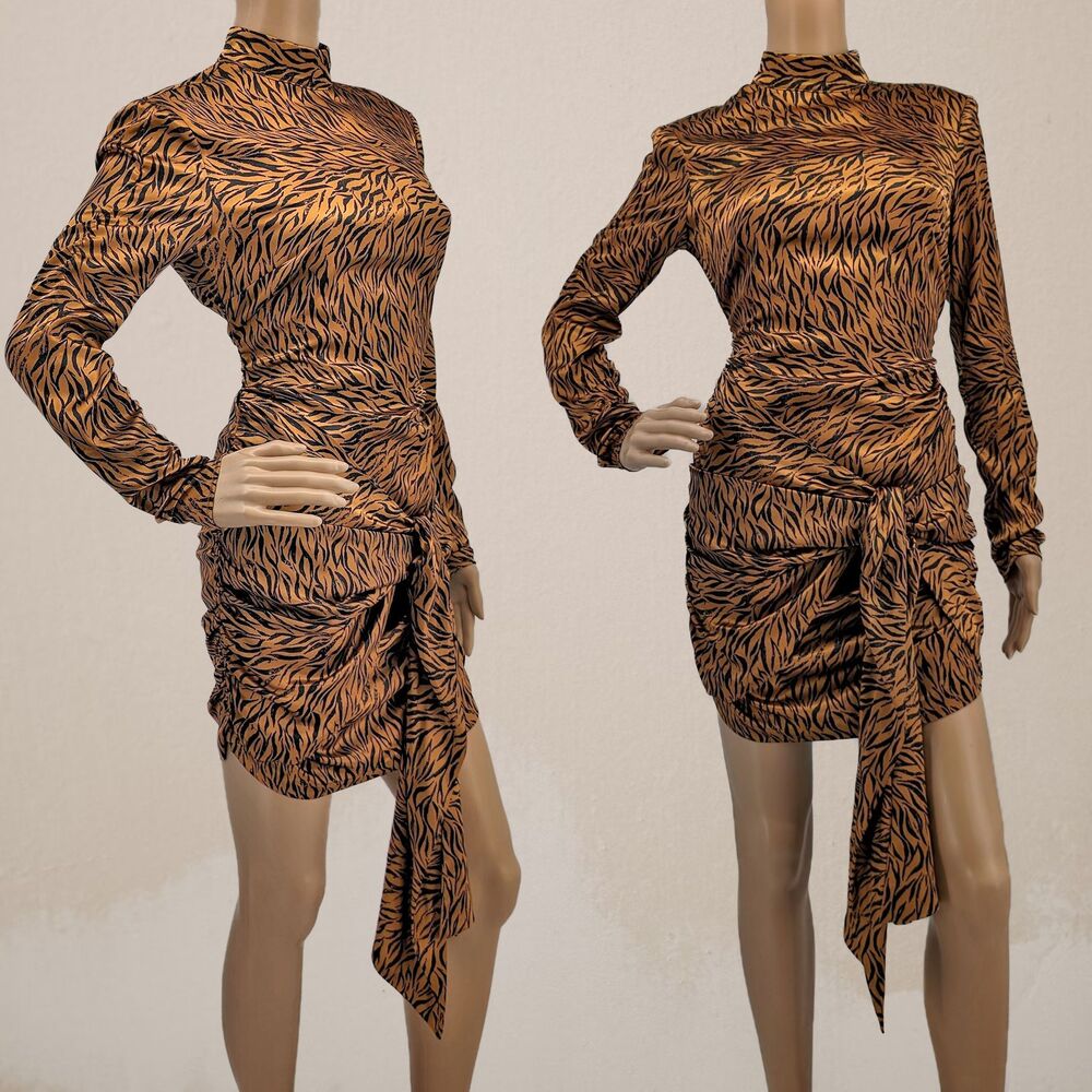 NWT Likely Mini Dress Animal Print Brown Tiger Mock Neck Tie Size 2